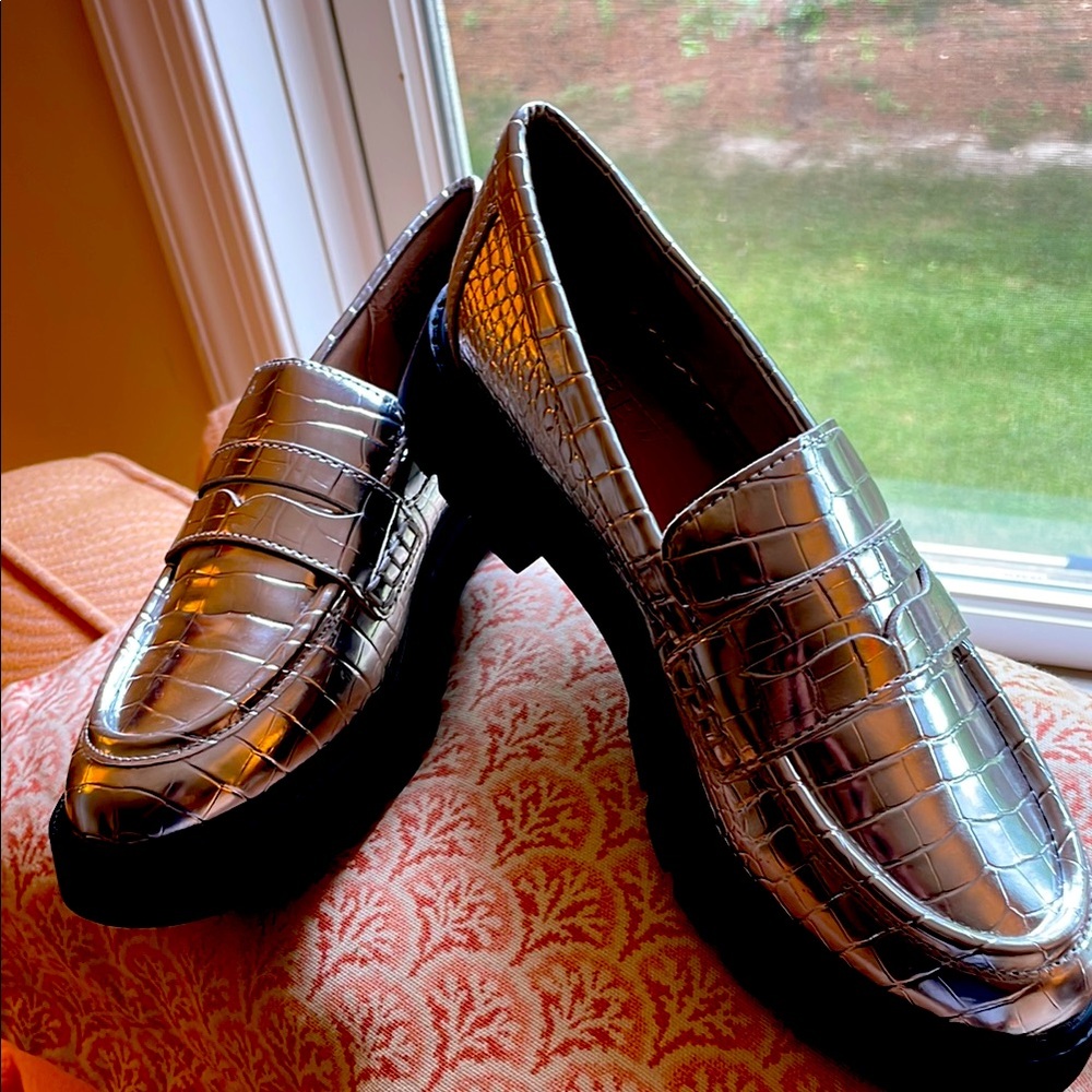 J. Crew Silver Loafers with Moccasin Toe and Slip-On Style